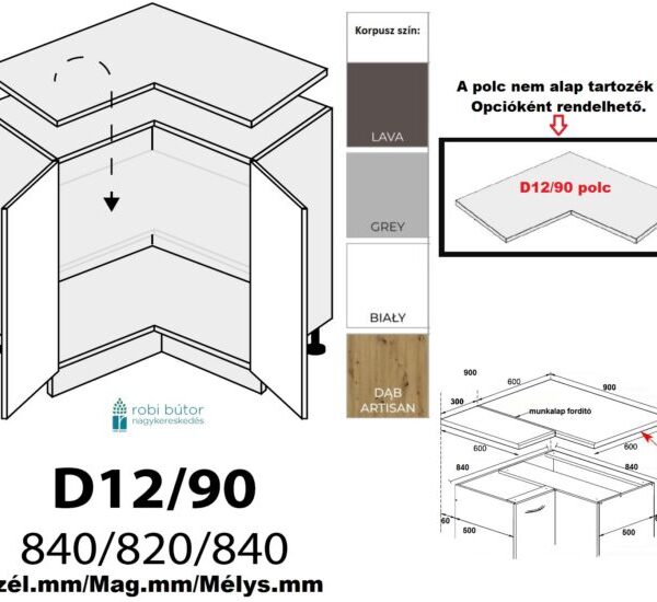 PLATINUM MAGASFÉNYŰ 2 AJTÓS SAROK szekrény 90 cm (D12 90)-konyhabútor