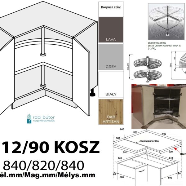 RIMINI MATT (D12 90+KOSZ) CARGO KOSARAS SAROK szekrény 90 cm_Konyhabútor