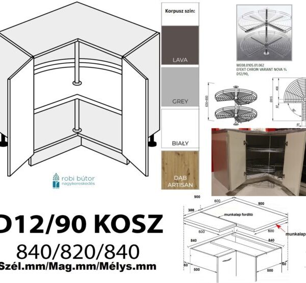 SILVER MATT (D12 90+KOSZ) CARGO KOSARAS SAROK szekrény 90 cm_Konyhabútor