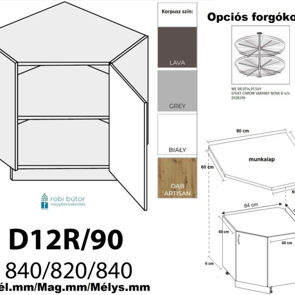 CARRINI MAGASFÉNYŰ AKRYL (D12R 90P+polka) 1 AJTÓS SAROK szekr. 90 cm_JOBBOS_konyhabútor