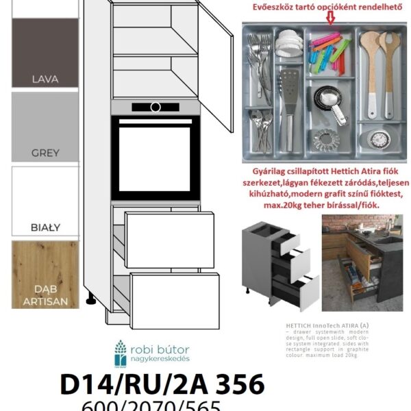 FLORENCE MAGASFÉNYŰ 1-AJTÓS 2 FIÓKOS SÜTŐ BEÉP. SZEKR.60CM_JOBBOS(D14RU2A356P)_KONYHABÚTOR