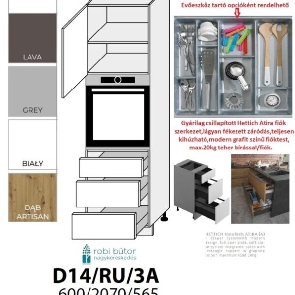 PLATINUM MAGASFÉNYŰ 1-AJTÓS 3 FIÓKOS SÜTŐ BEÉP. SZEKR.60CM (D14RU3A)_KONYHABÚTOR