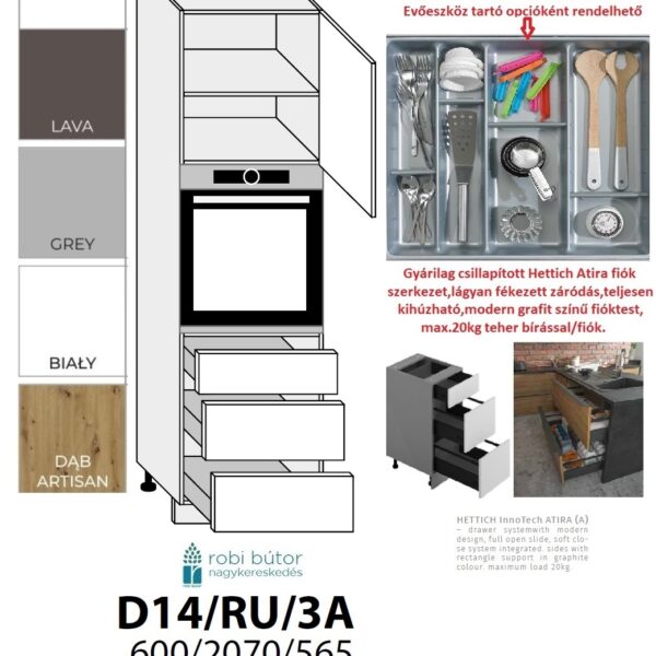 FLORENCE MAGASFÉNYŰ 1-AJTÓS 3 FIÓKOS SÜTŐ BEÉP. SZEKR.60CM_JOBBOS(D14RU3AP)_KONYHABÚTOR