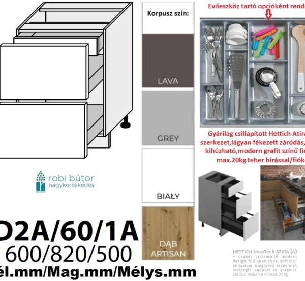 PLATINUM MAGASFÉNYŰ 2 FIÓKOS szekrény 60 cm  (D2A 60 1/A)_konyhabútor