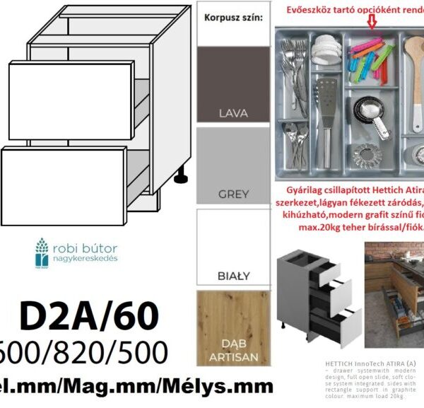 PLATINUM MAGASFÉNYŰ 2 FIÓKOS szekrény 60 cm  (D2A 60)_konyhabútor