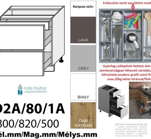 PLATINUM MAGASFÉNYŰ 2 FIÓKOS szekrény 80 cm  (D2A 80/1A)_konyhabútor