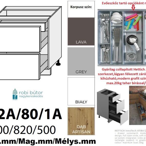 "NAPOLI MAGASFÉNYŰ 2 FIÓKOS szekrény 80 cm  (D2A 80/1A)_konyhabútor