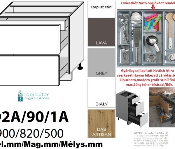 PLATINUM MAGASFÉNYŰ 2 FIÓKOS szekrény 90 cm  (D2A 90/1A)_konyhabútor
