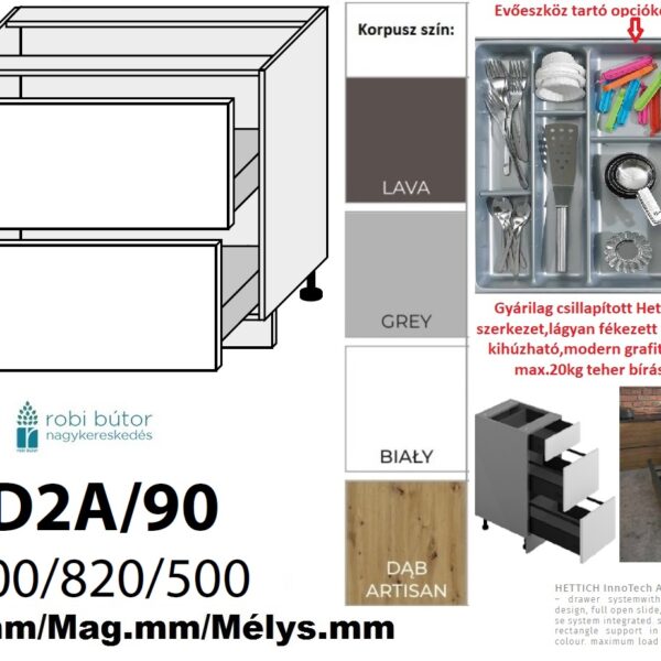 BRERRA MAGASFÉNYŰ 2 FIÓKOS szekrény 90 cm  (D2A 90)_konyhabútor
