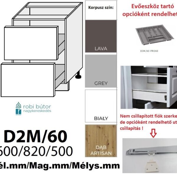 PLATINUM MAGASFÉNYŰ (D2M 60) 2 FIÓKOS szekrény 60 cm_konyhabútor