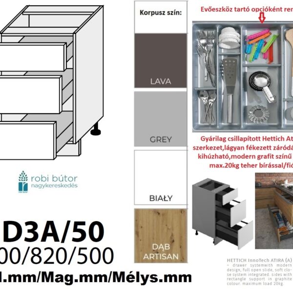 FORST elemes konyhabútor MATT 3 FIÓKOS szekrény 50 cm (D3A50)