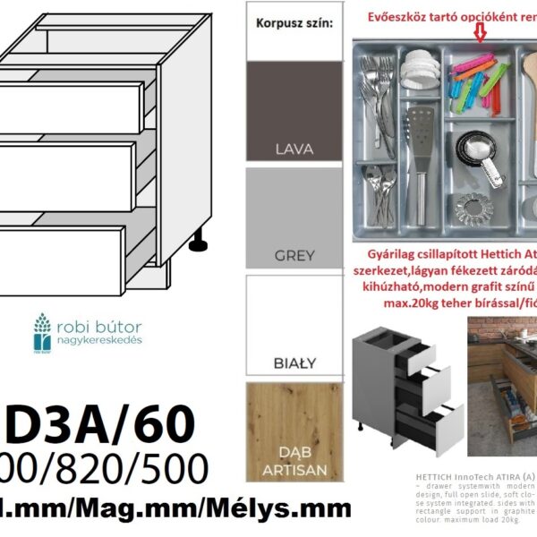 FIUGGI MATT 3 FIÓKOS szekrény 60 cm (D3A 60)_konyhabútor