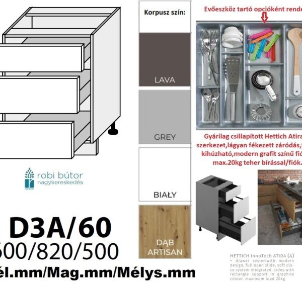 PLATINUM MAGASFÉNYŰ 3 FIÓKOS szekrény 60 cm (D3A 60)_konyhabútor