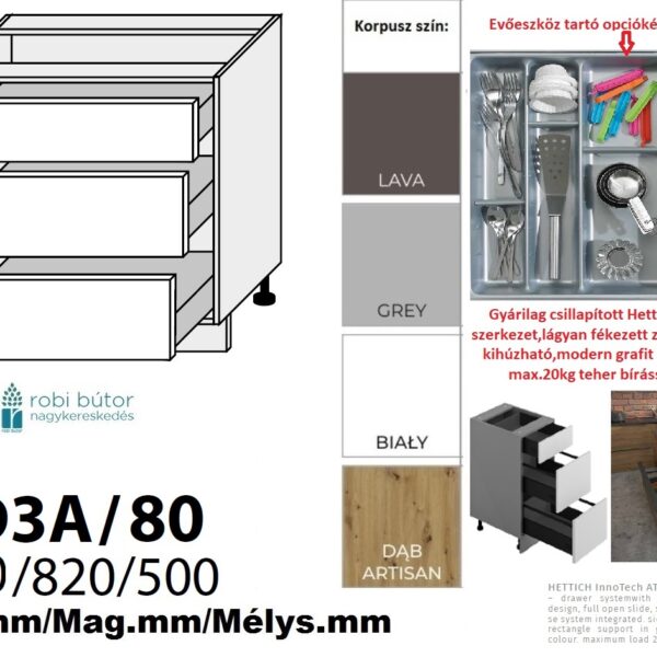 PLATINUM MAGASFÉNYŰ 3 FIÓKOS szekrény 80 cm (D3A 80)_konyhabútor