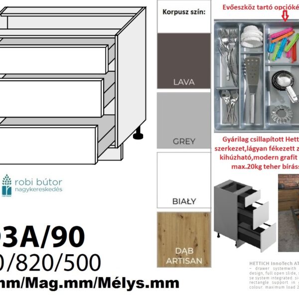 BRERRA MATT 3 FIÓKOS szekrény 90 cm (D3A 90)_konyhabútor