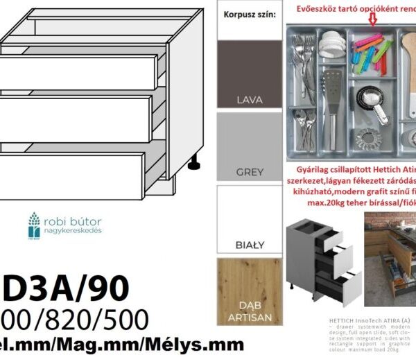 PLATINUM MAGASFÉNYŰ 3 FIÓKOS szekrény 90 cm (D3A 90)_konyhabútor