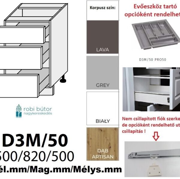 PLATINUM MAGASFÉNYŰ 3 FIÓKOS szekrény 50 cm  (D3M 50)_konyhabútor
