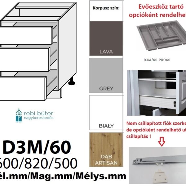 BARI MATT 3 FIÓKOS szekrény 60 cm (D3M 60)_konyhabútor