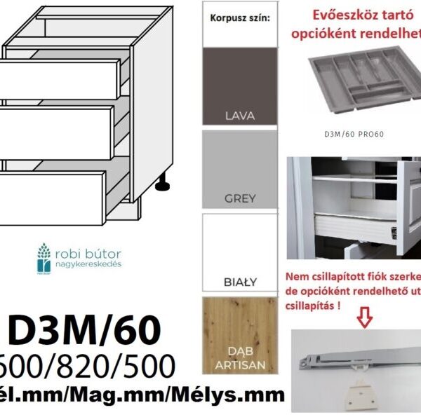 PLATINUM MAGASFÉNYŰ 3 FIÓKOS szekrény 60 cm (D3M 60)_konyhabútor