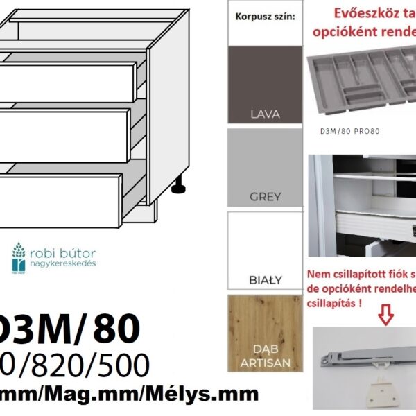 FLORENCE MATT 3 FIÓKOS szekrény 80 cm (D3M 80)_konyhabútor