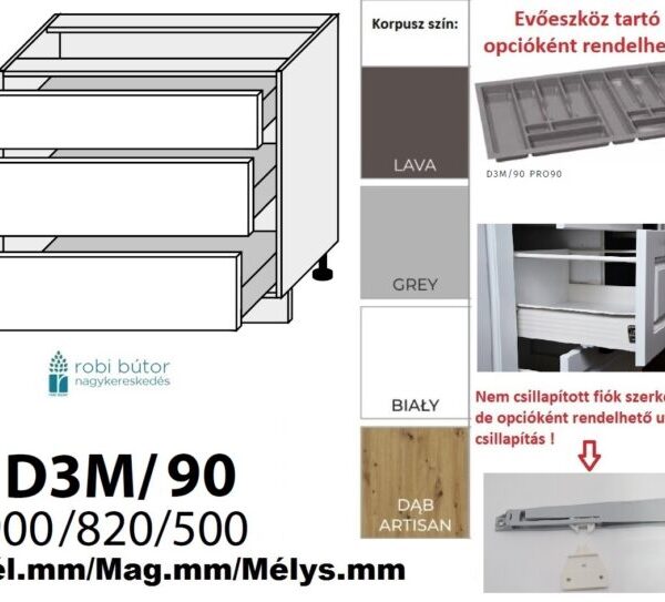 PLATINUM MAGASFÉNYŰ 3 FIÓKOS szekrény 90 cm (D3M 90)_konyhabútor