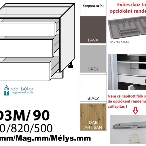 BARI MATT 3 FIÓKOS szekrény 90 cm (D3M 90)_konyhabútor