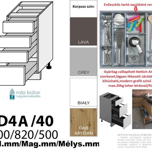 BRERRA MAGASFÉNYŰ (D4A 40) 4 FIÓKOS szekrény 40 cm _konyhabútor