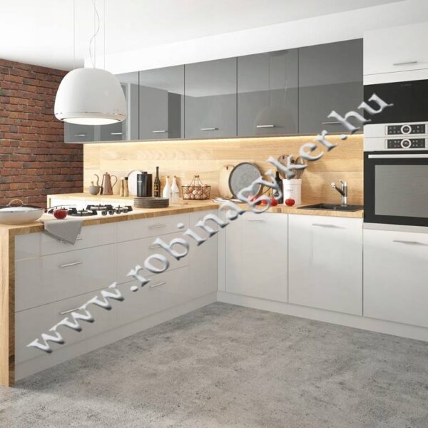 .ESSEN TREND KONYHA MAGASFÉNYŰ "FEHÉR-GRAFITSZÜRKE" T ALAK SAROK KONYHA ÖSSZEÁLLÍTÁS  Konyhabútor