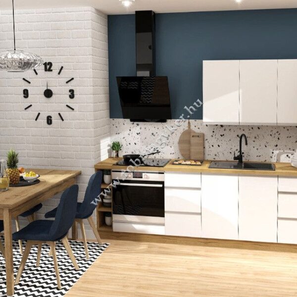 .KAMPARA 300cm-es KONYHABÚTOR ÖSSZEÁLLÍTÁS DAB SOMA CIEMNY/FEHÉR MAGASFÉNYŰ FRONT. -konyhabútor