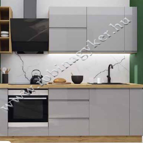 .KAMPARA 220cm-es KONYHABÚTOR ÖSSZEÁLLÍTÁS DAB SOMA CIEMNY/SZÜRKE MAGASFÉNYŰ FRONT. -konyhabútor