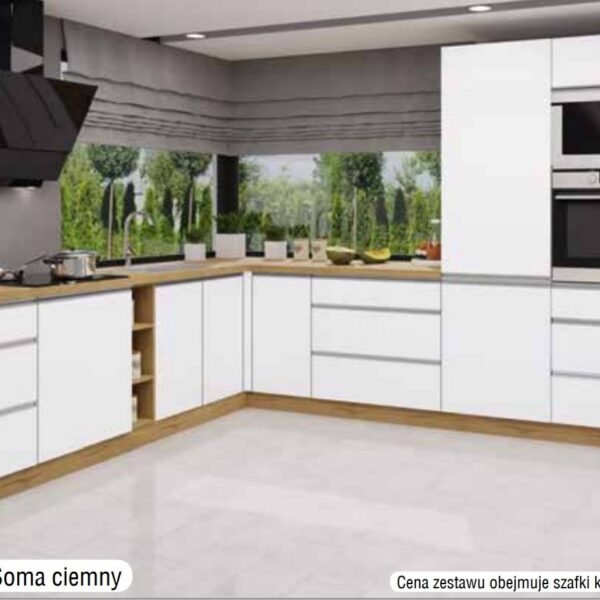 .MONIA 315x370cm-es KONYHABÚTOR ÖSSZEÁLLÍTÁS DAB SOMA SÖTÉT/FEHÉR MAGASFÉNYŰ FRONT. -konyhabútor