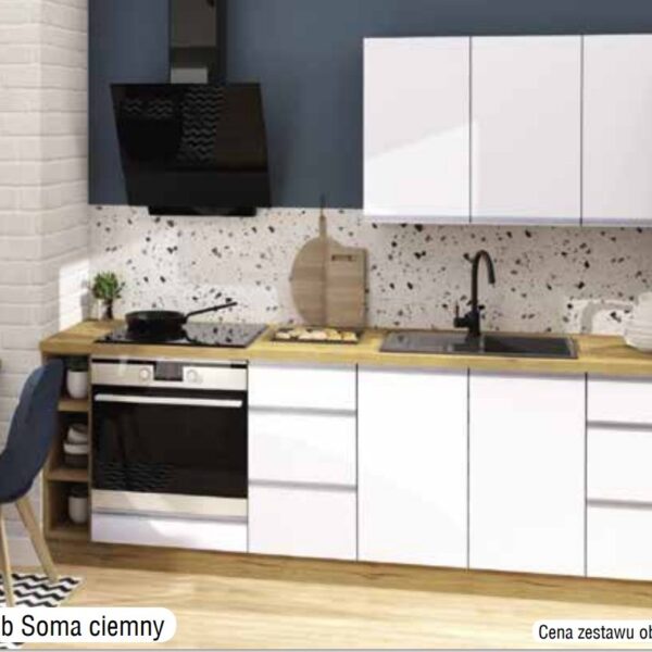 .MONIA 300cm-es KONYHABÚTOR ÖSSZEÁLLÍTÁS DAB SOMA SÖTÉT/FEHÉR MAGASFÉNYŰ FRONT. -konyhabútor