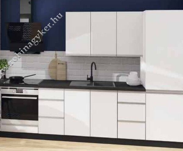 .SANDI 300cm-es KONYHABÚTOR ÖSSZEÁLLÍTÁS FEHÉR/FEHÉR MAGASFÉNYŰ FRONT. -konyhabútor