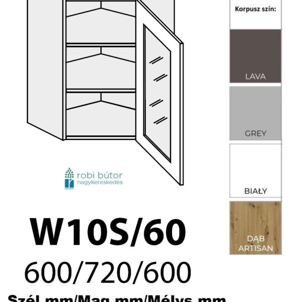 FLORENCE MATT 1-ajtós FELSŐ ÜVEGES SAROK szekr.60 cm JOBBOS (W10S 60_P)_konyhabútor