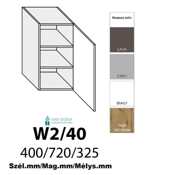 NAPOLI MAGASFÉNYŰ JOBBOS 1-ajtós FELSŐ szekrény 40 cm  (W2 40 P)_konyhabútor