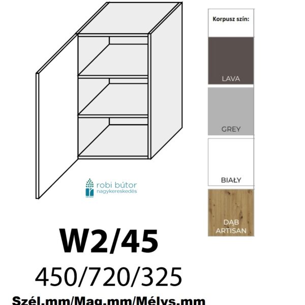 TREVISO CASELLA MATT 1-ajtós FELSŐ szekrény 45 cm BALOS (W2 45 L) elemes konyhabútor