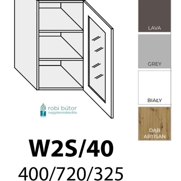 FLORENCE MAGASFÉNYŰ 1-ajtós ÜVEGES FELSŐ szekrény 40 cm JOBBOS (W2S 40 P)_konyhabútor