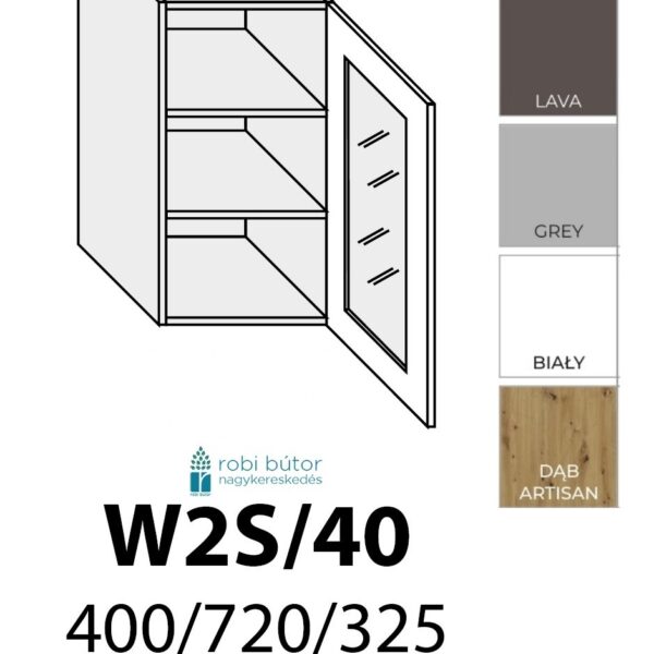 NAPOLI MAGASFÉNYŰ JOBBOS 1-ajtós ÜVEGES FELSŐ szekrény 40 cm  (W2S 40 P)_konyhabútor