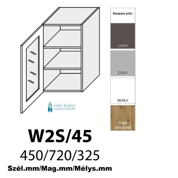 PRATO MATT 1-ajtós ÜVEGES FELSŐ szekrény 45 cm  (W2S 45 )_konyhabútor