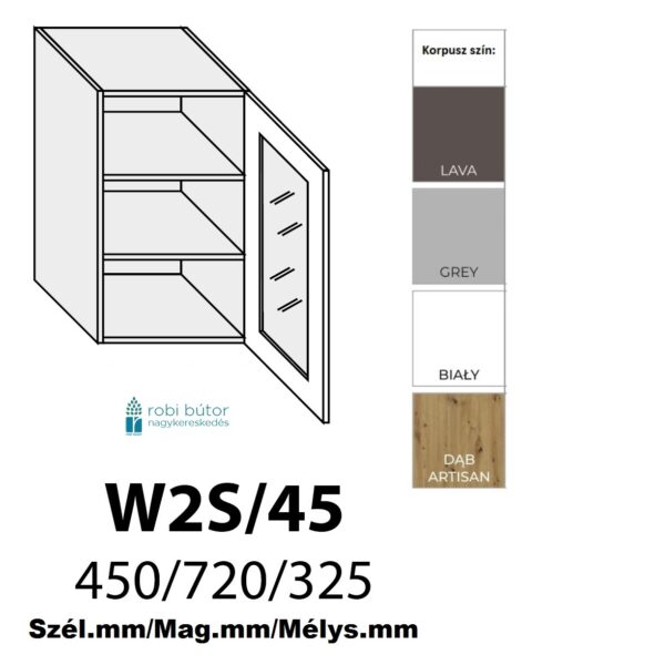FLORENCE MATT 1-ajtós ÜVEGES FELSŐ szekrény 45 cm JOBBOS (W2S 45 P)_konyhabútor