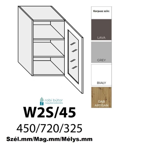 NAPOLI MAGASFÉNYŰ JOBBOS 1-ajtós ÜVEGES FELSŐ szekrény 45 cm  (W2S 45 L )_konyhabútor