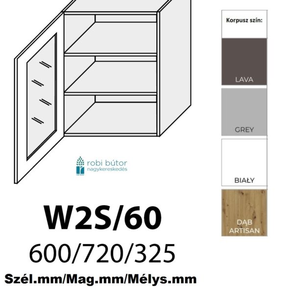 BRERRA MAGASFÉNYŰ 1-ajtós ÜVEGES FELSŐ szekrény 60 cm  (W2S 60 )_konyhabútor