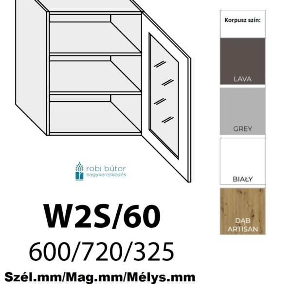 NAPOLI MAGASFÉNYŰ JOBBOS 1-ajtós ÜVEGES FELSŐ szekrény 60 cm  (W2S 60 P)_konyhabútor