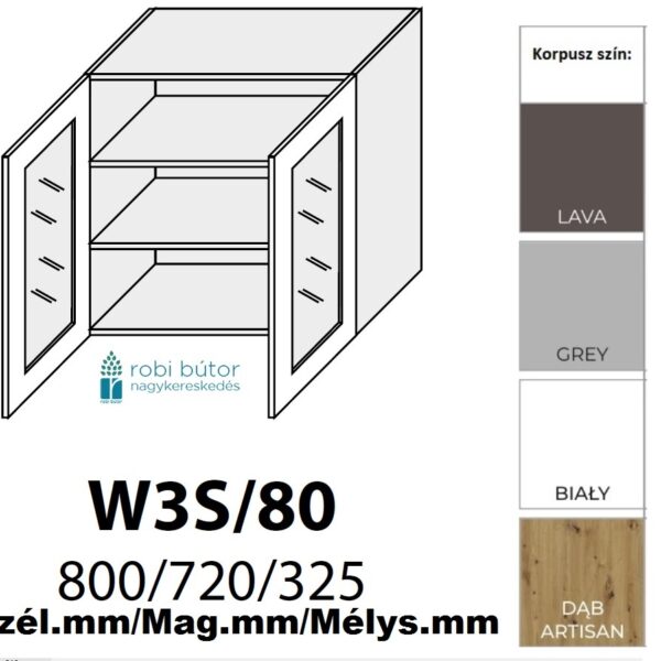 BRERRA MAGASFÉNYŰ 2-ajtós ÜVEGES FELSŐ szekrény 80 cm (W3S 80)_konyhabútor