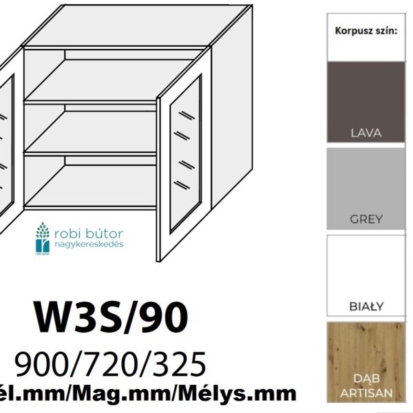 RIMINI MATT 2-ajtós ÜVEGES FELSŐ szekrény 90 cm (W3S 90)_konyhabútor