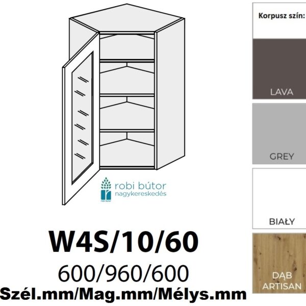 NAPOLI MATT BALOS 1-ajtós FELSŐ ÜVEGES SAROK szekr.60 cm  (W4S 10 60 L)_konyhabútor