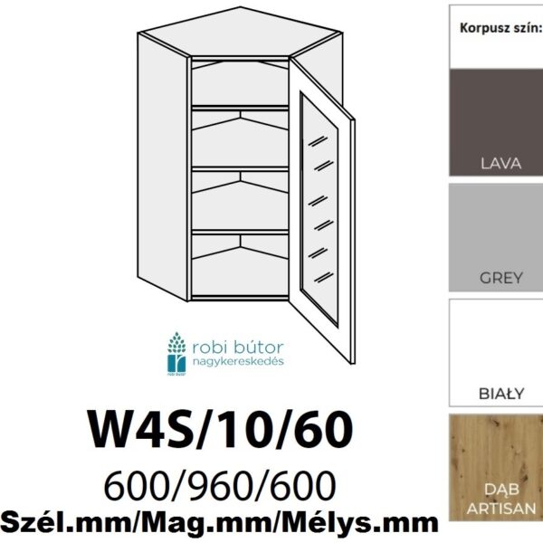 FLORENCE MAGASFÉNYŰ 1-ajtós FELSŐ ÜVEGES SAROK szekr.60 cm JOBBOS (W4S 10 60 P)_konyhabútor