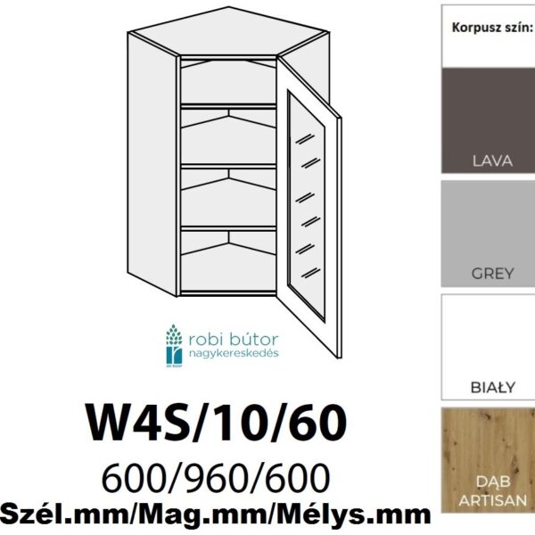 NAPOLI MAGASFÉNYŰ JOBBOS 1-ajtós FELSŐ ÜVEGES SAROK szekr.60 cm  (W4S 10 60 P)_konyhabútor