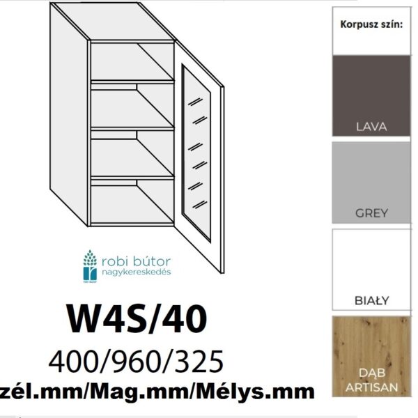 NAPOLI MAGASFÉNYŰ JOBBOS 1-ajtós ÜVEGES FELSŐ szekrény 40 cm  (W4S 40 P)_konyhabútor