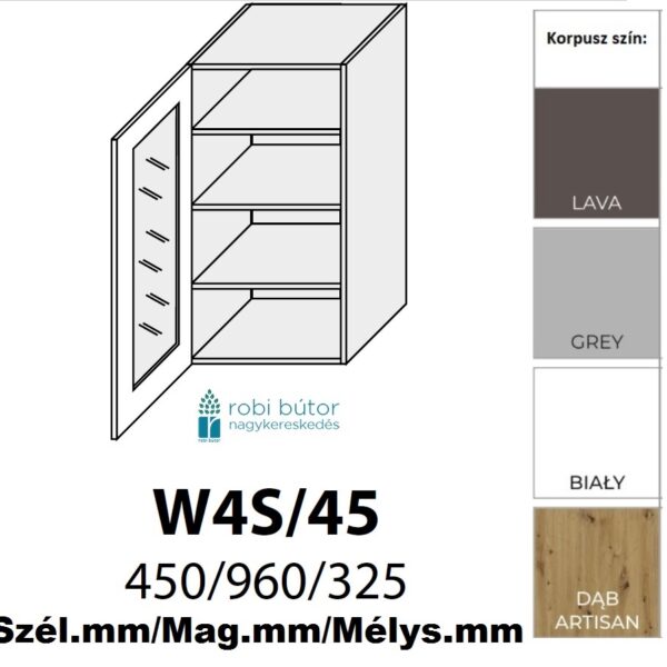 LIVORNO MATT 1-ajtós ÜVEGES FELSŐ szekrény 45 cm  (W4S 45 )_konyhabútor